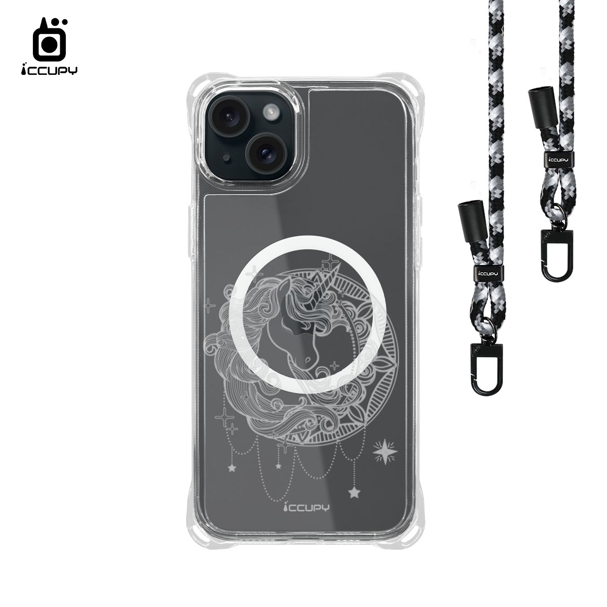 【獨角獸C-透明】iQ CASE角粒殼3.0背帶掛繩防摔殼 (支援MagSafe) For iPhone 15 Plus-黑占iCCUPY