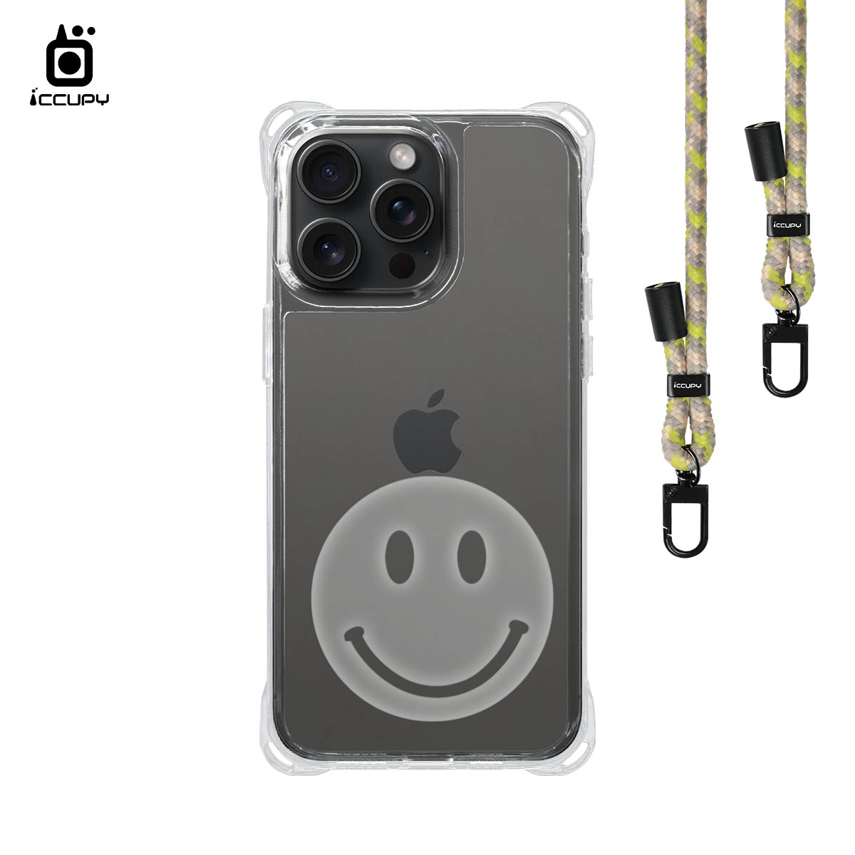 【大笑臉-透明】iQ CASE角粒殼3.0背帶掛繩防摔殼 For iPhone 15 Pro Max-黑占iCCUPY