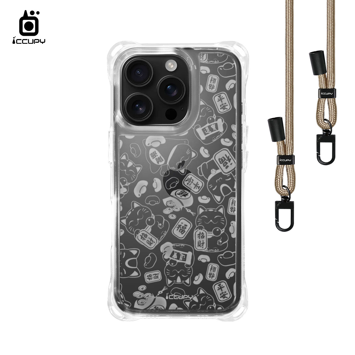 【招福貓B-透明】iQ CASE角粒殼3.0背帶掛繩防摔殼 For iPhone 16 Pro-黑占iCCUPY
