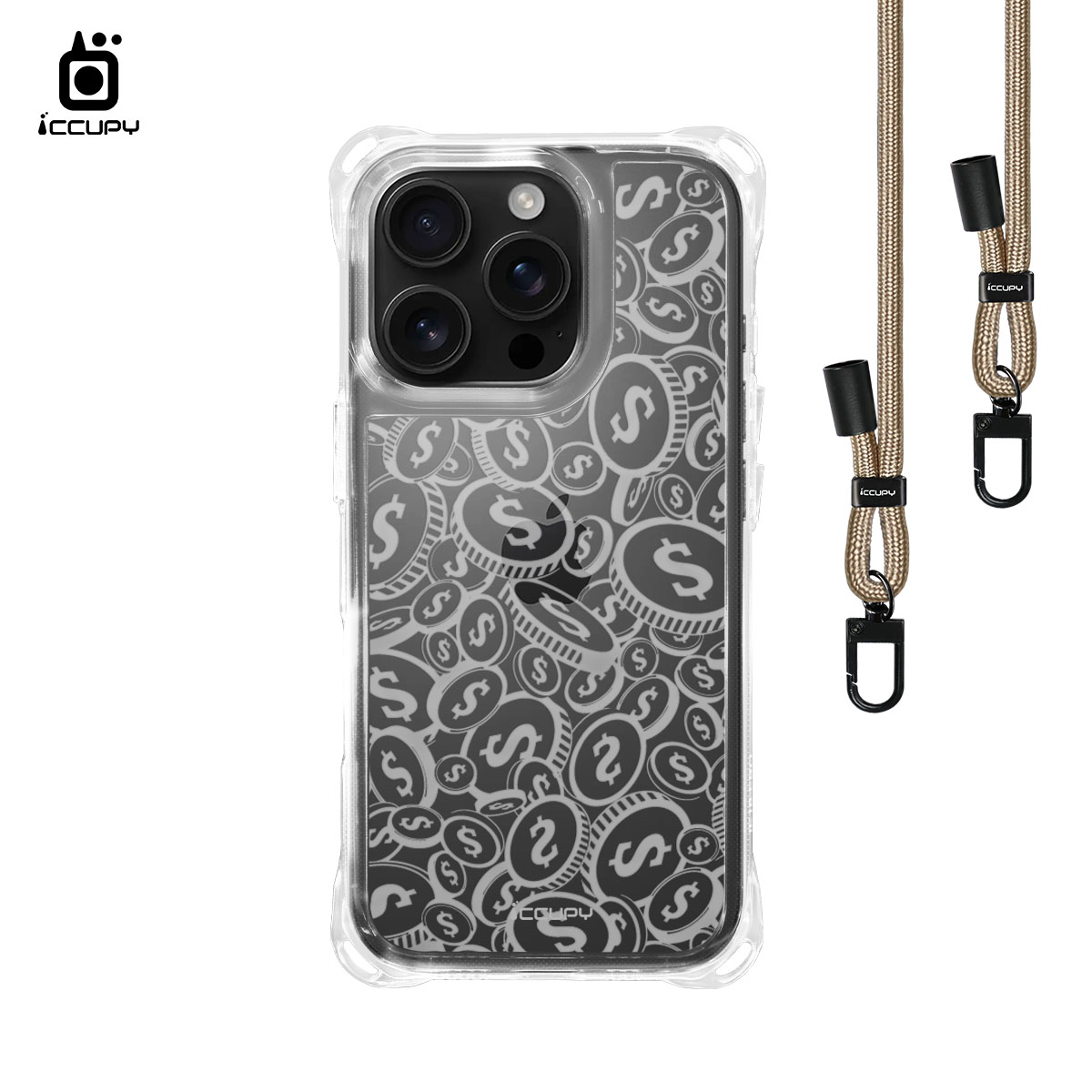 【財源滾滾-透明】iQ CASE角粒殼3.0背帶掛繩防摔殼 For iPhone 16 Pro-黑占iCCUPY