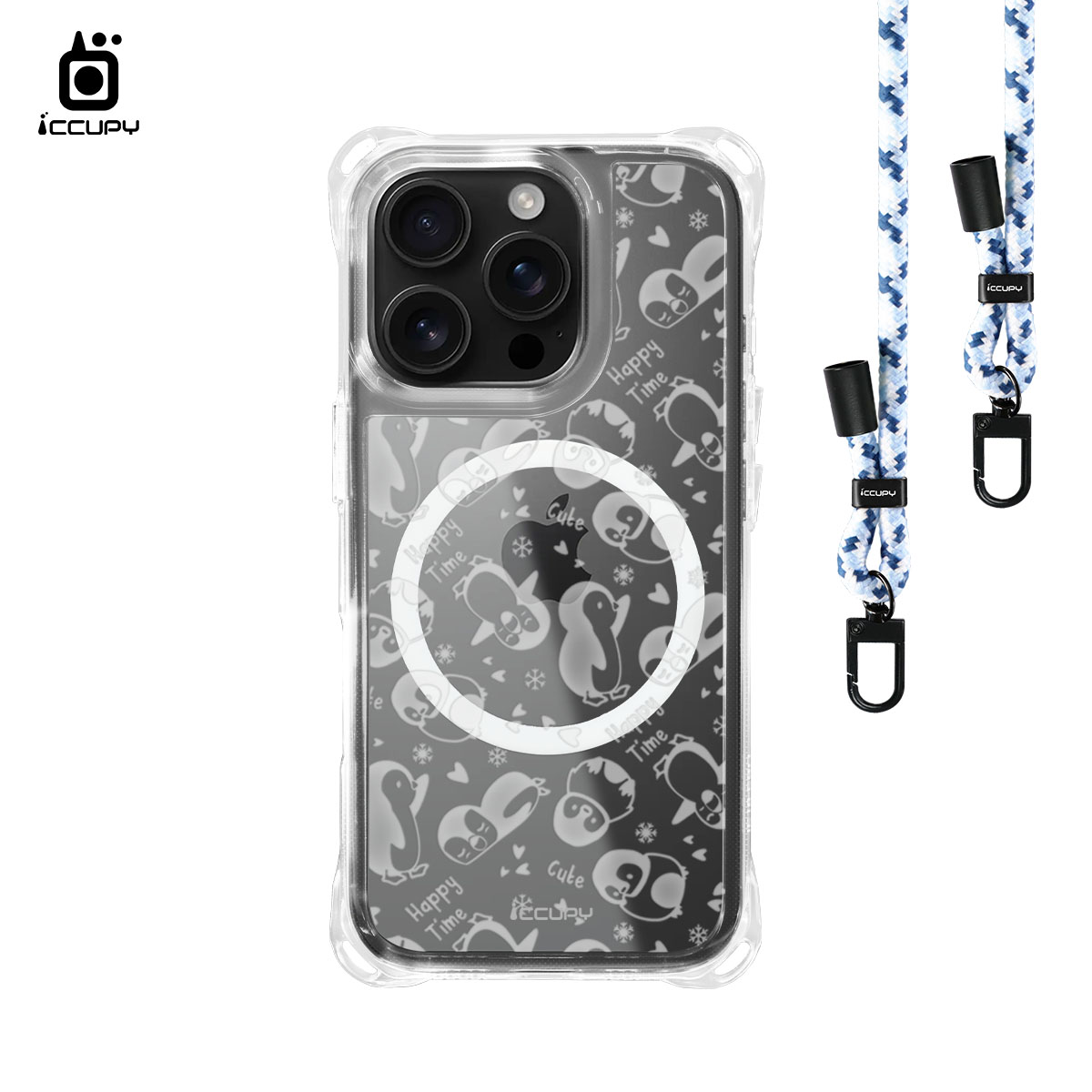 【小企鵝-透明】iQ CASE角粒殼3.0背帶掛繩防摔殼 (支援MagSafe) For iPhone 16 Pro-黑占iCCUPY