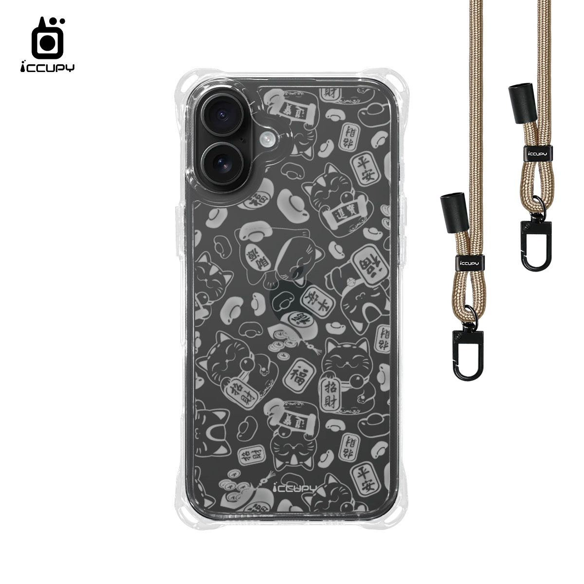 【招福貓B-透明】iQ CASE角粒殼3.0背帶掛繩防摔殼 For iPhone 16 Plus-黑占iCCUPY