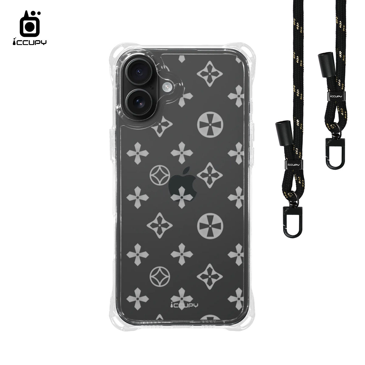 【時尚範-透明】iQ CASE角粒殼3.0背帶掛繩防摔殼 For iPhone 16 Plus-黑占iCCUPY