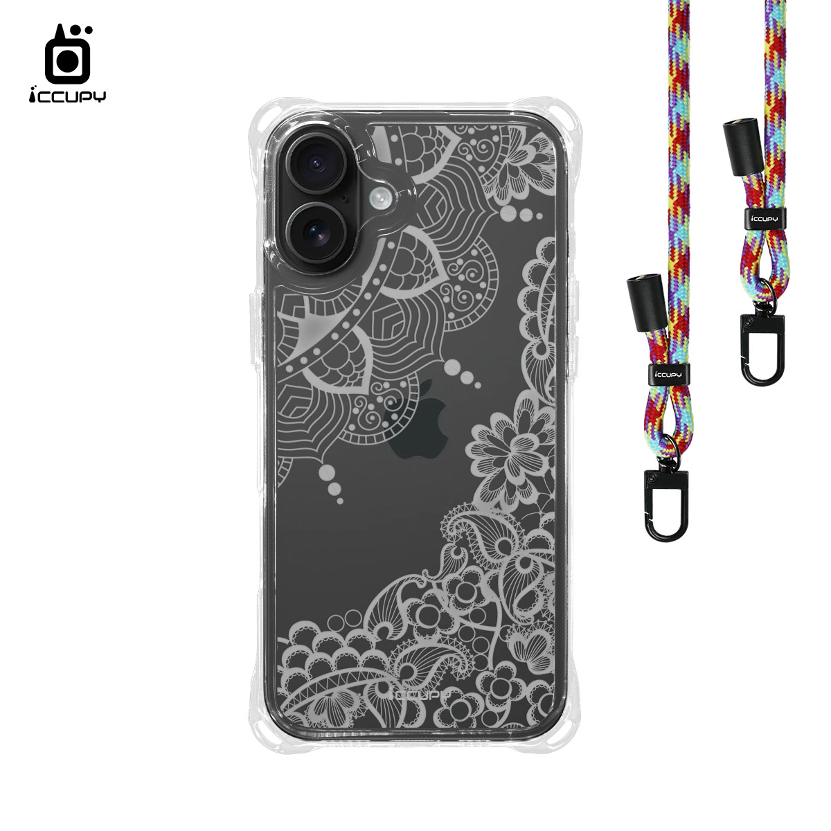 【花嫁蕾絲-透明】iQ CASE角粒殼3.0背帶掛繩防摔殼 For iPhone 16 Plus-黑占iCCUPY