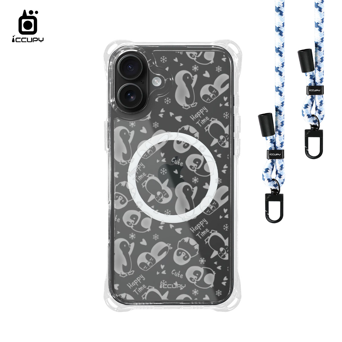 【小企鵝-透明】iQ CASE角粒殼3.0背帶掛繩防摔殼 (支援MagSafe) For iPhone 16 Plus-黑占iCCUPY