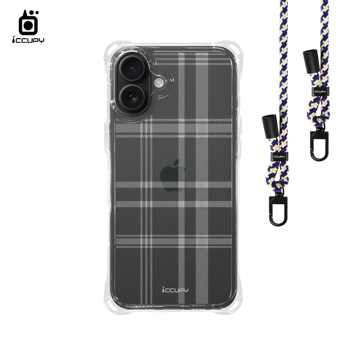 【波布里格紋-透明】iQ CASE角粒殼3.0背帶掛繩防摔殼 For iPhone 16 Plus-黑占iCCUPY