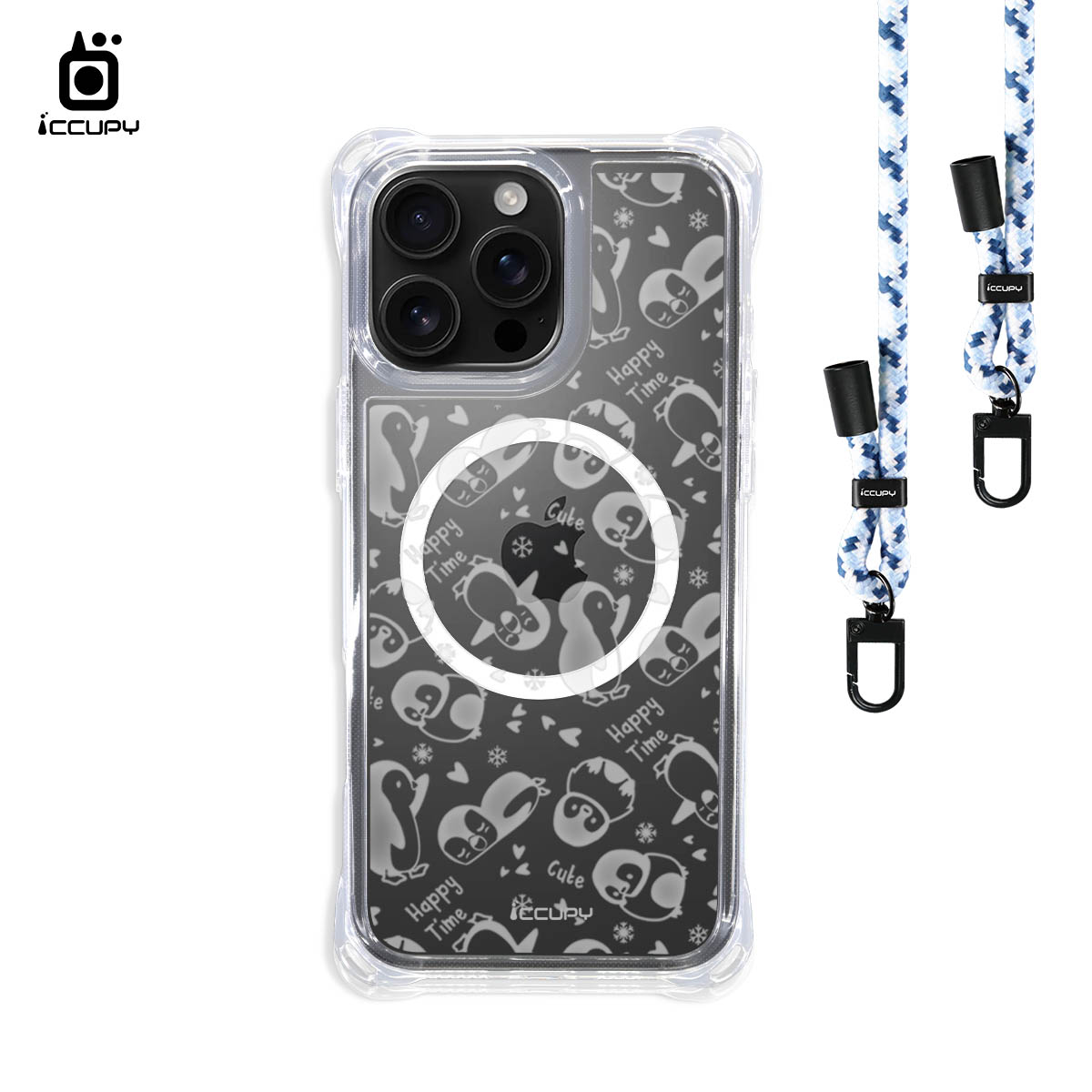 【小企鵝-透明】iQ CASE角粒殼3.0背帶掛繩防摔殼 (支援MagSafe) For iPhone 16 Pro Max-黑占iCCUPY