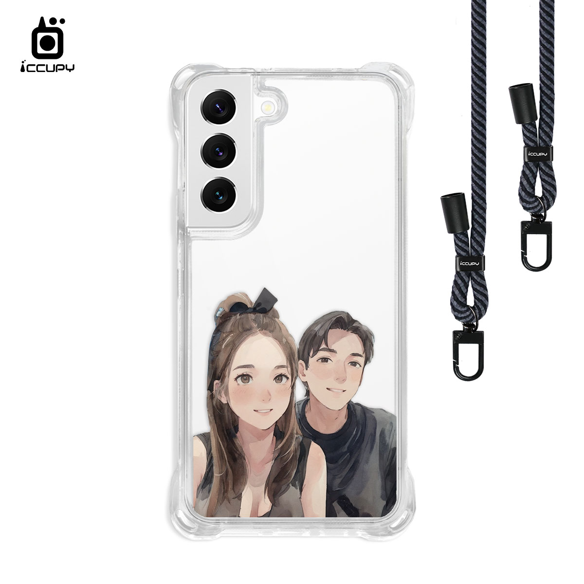 【日系水彩似顏繪】iQ CASE角粒殼3.0背帶掛繩防摔殼 For Samsung S22 -黑占iCCUPY