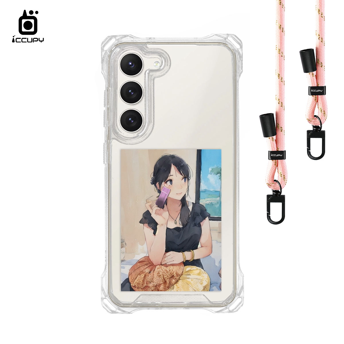 【日系水彩似顏繪】iQ CASE角粒殼3.0背帶掛繩防摔殼 For Samsung S23 -黑占iCCUPY