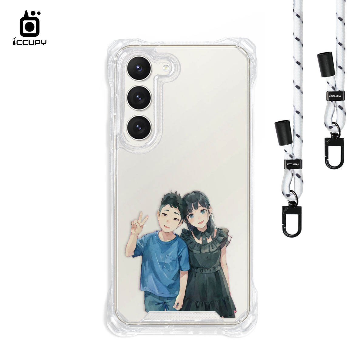 【日系水彩似顏繪】iQ CASE角粒殼3.0背帶掛繩防摔殼 For Samsung S23 -黑占iCCUPY