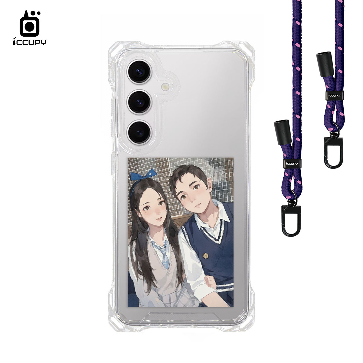 【日系水彩似顏繪】iQ CASE角粒殼3.0背帶掛繩防摔殼 For Samsung S24 PLUS -黑占iCCUPY
