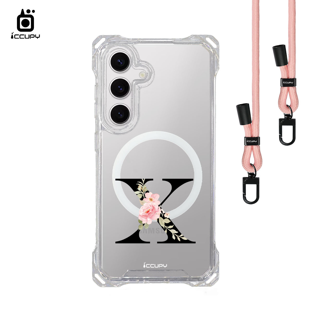 【花漾字母X|黑字】iQ CASE 角粒殼3.0背帶掛繩防摔殼 (支援MagSafe) For SAMSUNG S24 PLUS-黑占iCCUPY
